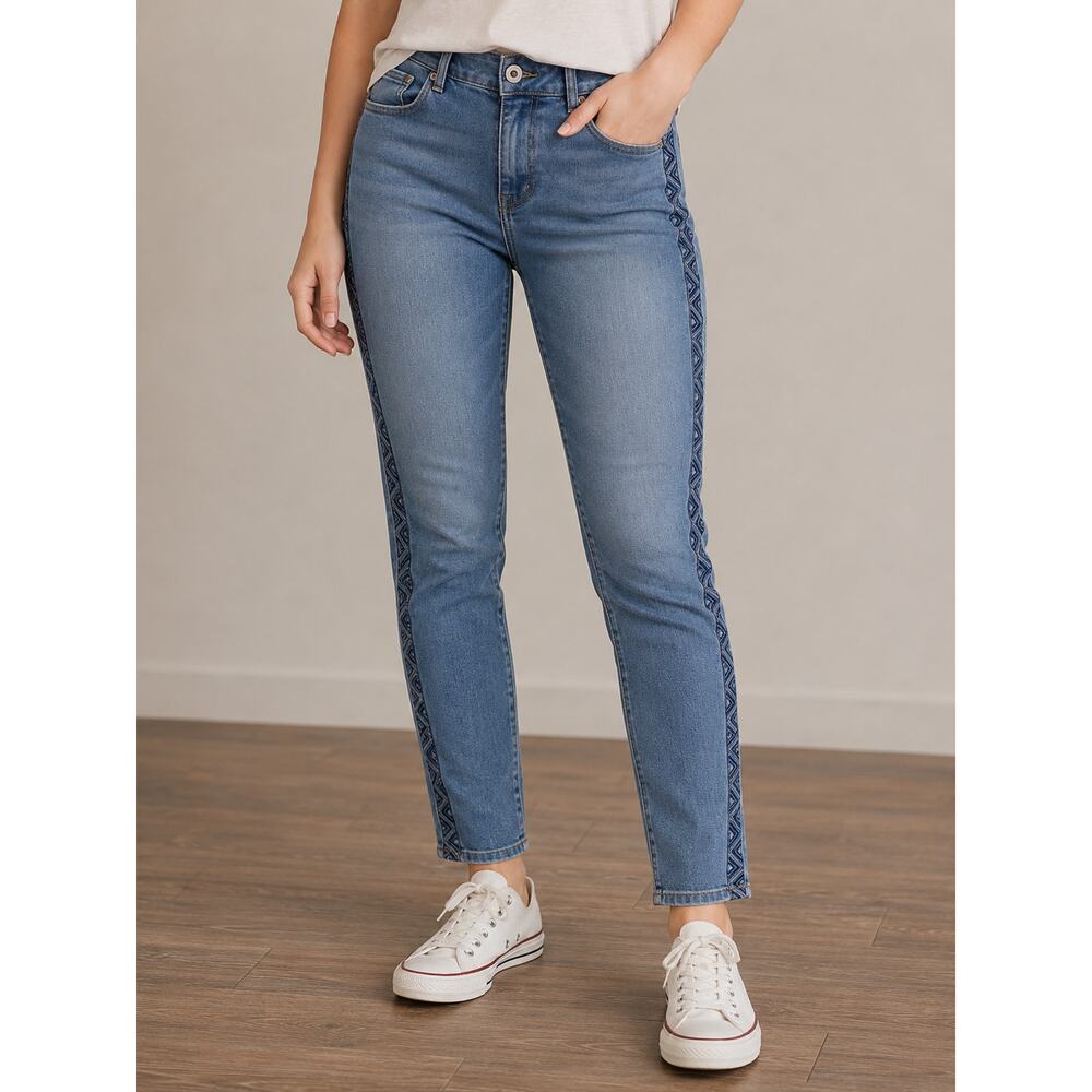 LR1912 Knox Rose Size 2 Skinny Jeans Blue Tribal Side Stripe Stretch Denim